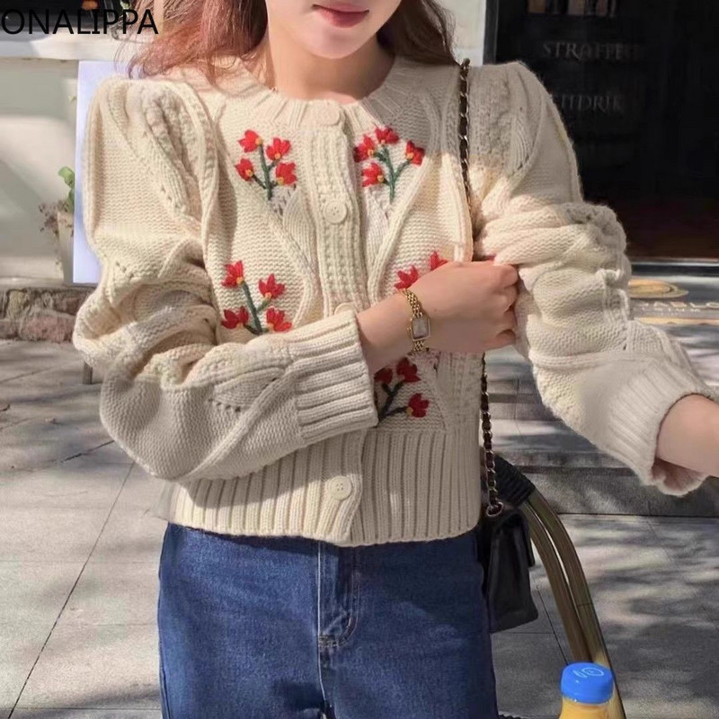 Onalippa Tikand Lilleline kootud kardigan Väikese lõhnaga õrn tuul pikkade varrukatega kardiganid, üherealised kärbitud topid