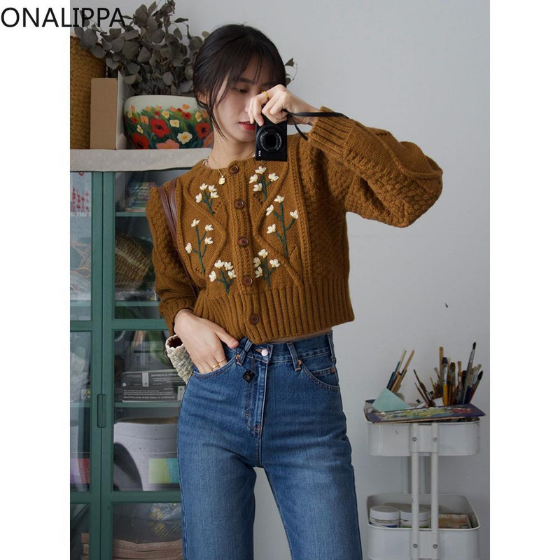 Onalippa Tikand Lilleline kootud kardigan Väikese lõhnaga õrn tuul pikkade varrukatega kardiganid, üherealised kärbitud topid