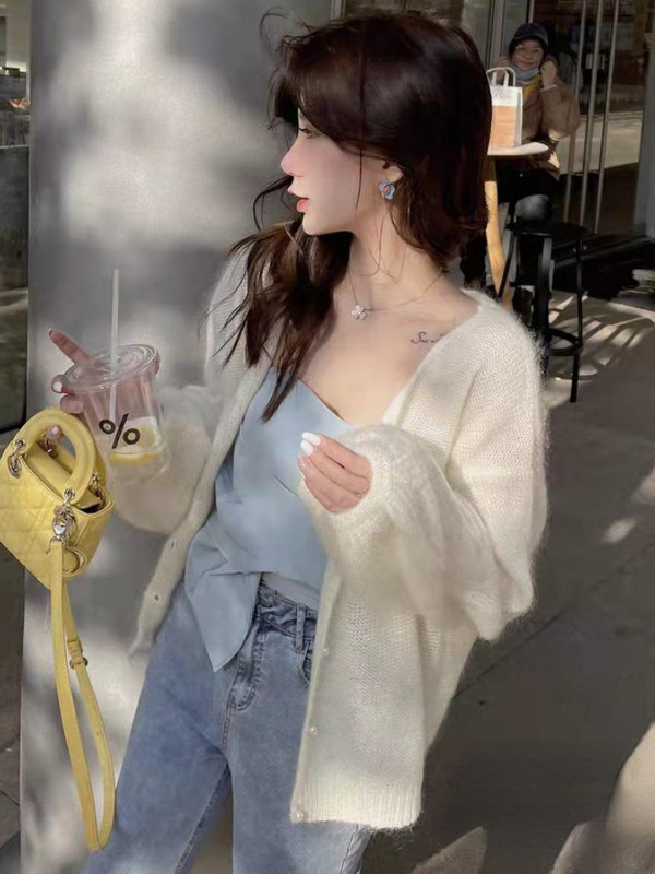 Kardigan Ženski minimalistički retro osnovni ležerni proljetni džemper Čisti dnevni Višeslojni nježni korejski stil Trendy opušteni ženski klasični