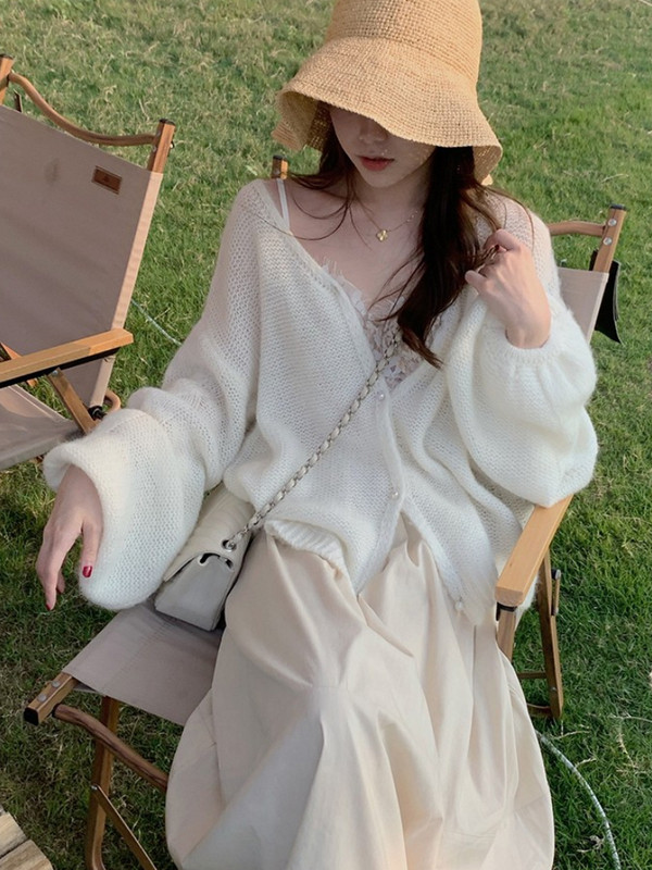 Kardigan Ženski minimalistički retro osnovni ležerni proljetni džemper Čisti dnevni Višeslojni nježni korejski stil Trendy opušteni ženski klasični