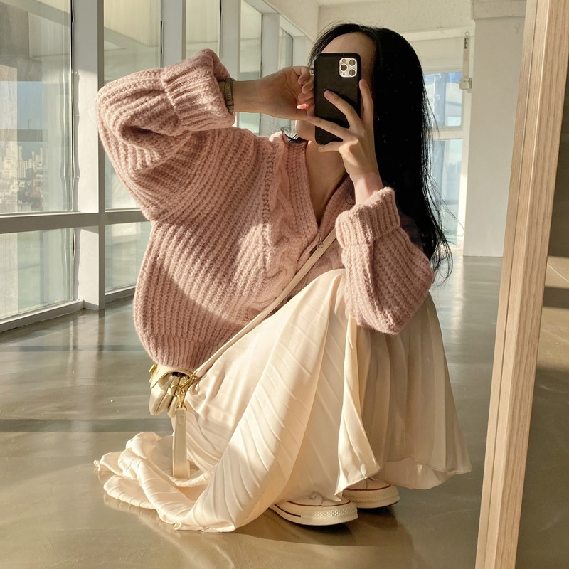 Ζακέτα Γυναικεία ζεστή χαλαρή μινιμαλιστική Pure Retro All-match Κορεάτικο στυλ Τρυφερή μόδα Καθημερινή γυναικεία ανοιξιάτικη πουλόβερ με λαιμόκοψη σε V