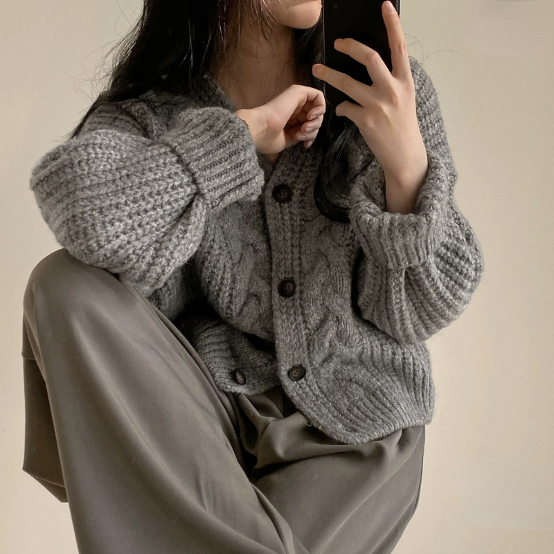 Ζακέτα Γυναικεία ζεστή χαλαρή μινιμαλιστική Pure Retro All-match Κορεάτικο στυλ Τρυφερή μόδα Καθημερινή γυναικεία ανοιξιάτικη πουλόβερ με λαιμόκοψη σε V