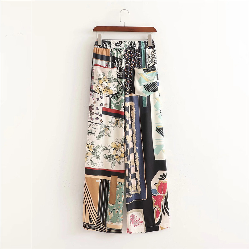 PSEEWE Ženske hlače Patchwork hlače visokog struka za žene Ljeto 2021. Vintage labave hlače širokih nogavica Ženske elastične hlače u struku