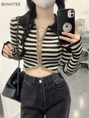 Vintage Γυναικείες Αμερικάνικες σέξι ριγέ πλέξιμο Άνοιξη Νέα άφιξη Off Shoulder BF Μακρυμάνικο κουρεμένο γυριστό γιακά Αισθητική