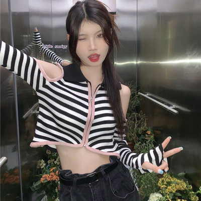 Vintage Γυναικείες Αμερικάνικες σέξι ριγέ πλέξιμο Άνοιξη Νέα άφιξη Off Shoulder BF Μακρυμάνικο κουρεμένο γυριστό γιακά Αισθητική