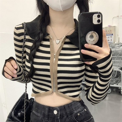 Vintage Γυναικείες Αμερικάνικες σέξι ριγέ πλέξιμο Άνοιξη Νέα άφιξη Off Shoulder BF Μακρυμάνικο κουρεμένο γυριστό γιακά Αισθητική