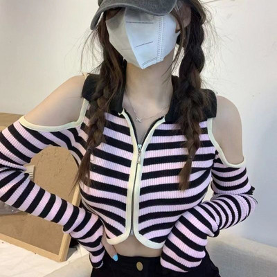 Vintage Γυναικείες Αμερικάνικες σέξι ριγέ πλέξιμο Άνοιξη Νέα άφιξη Off Shoulder BF Μακρυμάνικο κουρεμένο γυριστό γιακά Αισθητική