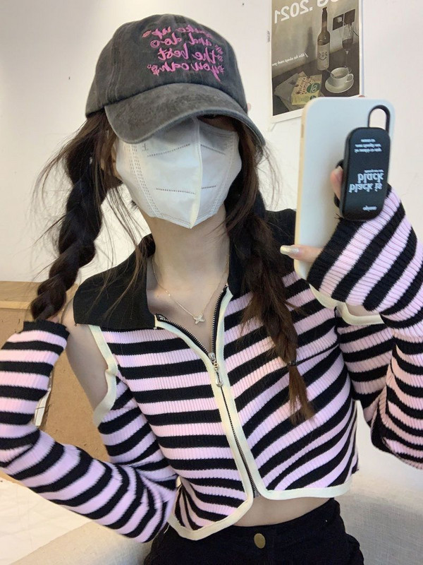 Vintage Γυναικείες Αμερικάνικες σέξι ριγέ πλέξιμο Άνοιξη Νέα άφιξη Off Shoulder BF Μακρυμάνικο κουρεμένο γυριστό γιακά Αισθητική