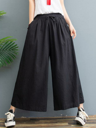 Jesen 2023. Ženske pamučne lanene ravne hlače Joggers Ležerne mekane vrećaste široke hlače za žene visokog struka Uredske prekomjerne hlače