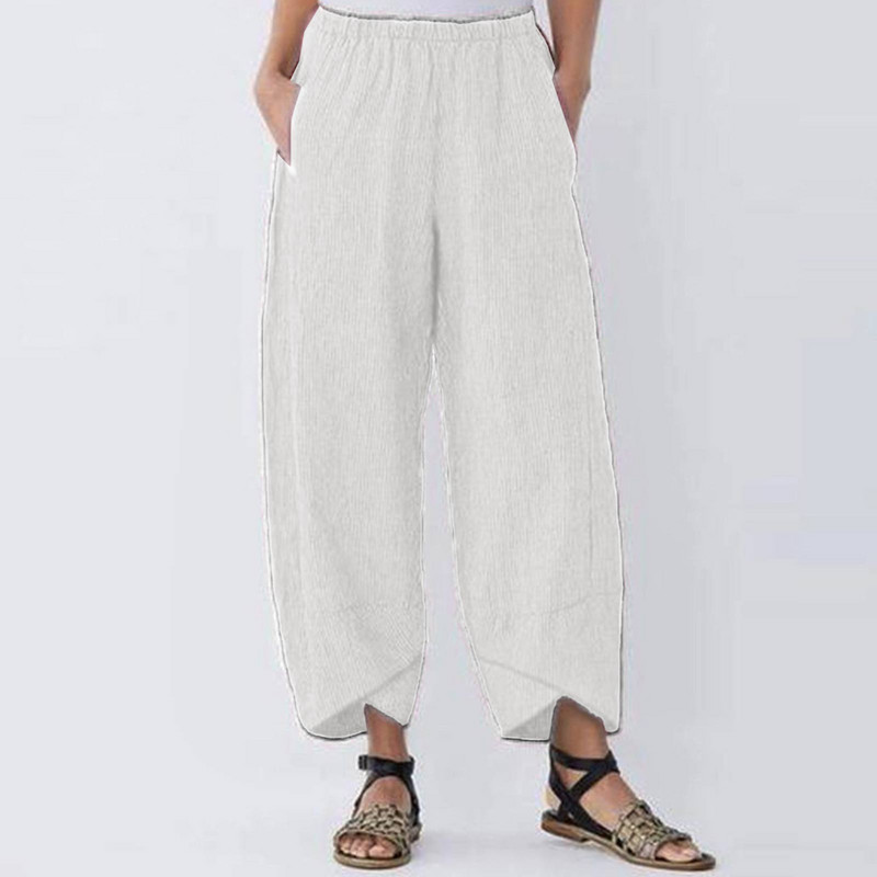 Nove pamučne lanene harem hlače Ženske elastične hlače u struku Opuštene udobne ležerne hlače Vintage jednobojne ravne hlače Ljetna ulična odjeća
