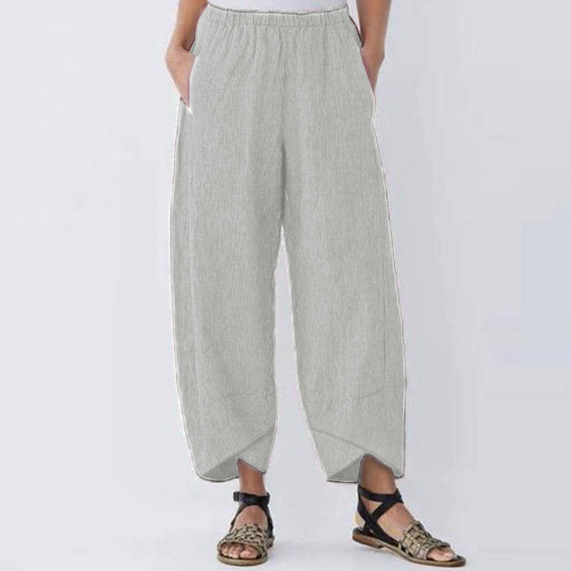 Nove pamučne lanene harem hlače Ženske elastične hlače u struku Opuštene udobne ležerne hlače Vintage jednobojne ravne hlače Ljetna ulična odjeća