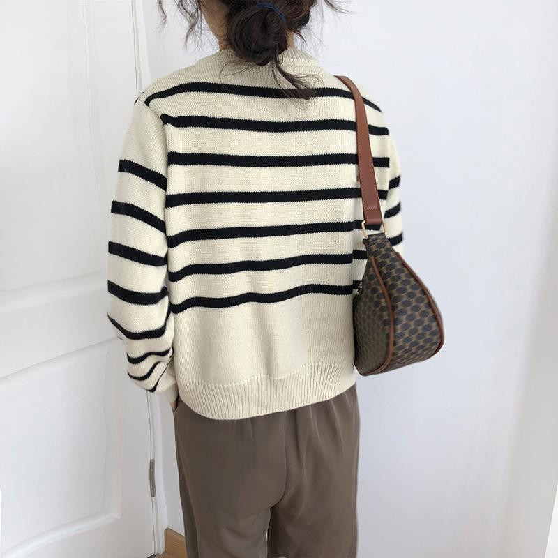 Pulover Kardigan Ženski Proljetni Vintage Džepni Jednostavni Modni Chic Ženski Mekani Prugasti Višeslojni Tender Fit Korejski Stil Slobodno vrijeme Novo