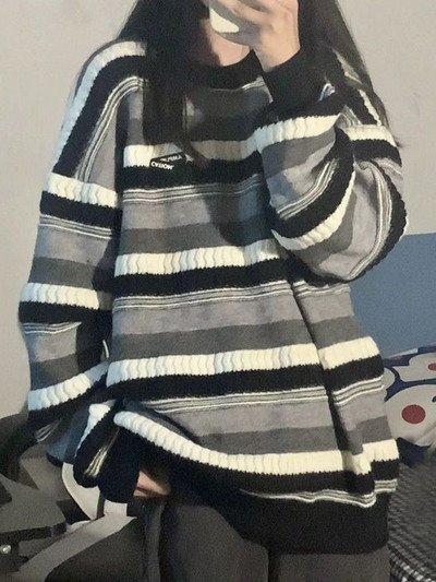 Triibulised silmkoelised kampsunid Naiste Talvine Suuremõõtmeline Lahtine Pullover Naiste Mood vabaaja Paks O-kaelusega džemprid Soe Laisk Kudumid Daam