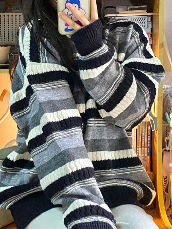 Prugasti pleteni džemperi Ženski zimski Preveliki široki pulover Ženski modni ležerni, debeli džemper s O-izrezom Topla Lazy Ženska pletenina