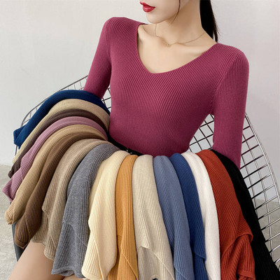Jesen Zima Uski pulover dugih rukava s v-izrezom Ženski Pull Femme Jednobojni mekani topli pleteni pulover Ženski gornji dio C6720
