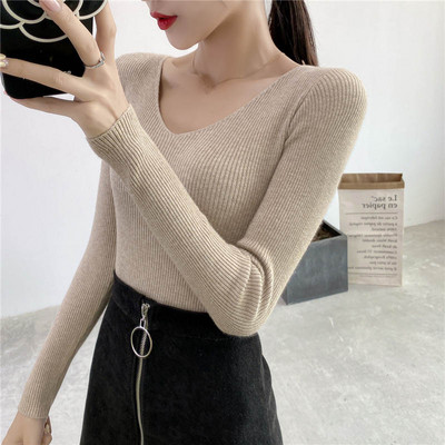 Jesen Zima Uski pulover dugih rukava s v-izrezom Ženski Pull Femme Jednobojni mekani topli pleteni pulover Ženski gornji dio C6720