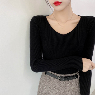 Jesen Zima Uski pulover dugih rukava s v-izrezom Ženski Pull Femme Jednobojni mekani topli pleteni pulover Ženski gornji dio C6720