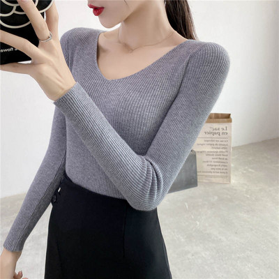 Jesen Zima Uski pulover dugih rukava s v-izrezom Ženski Pull Femme Jednobojni mekani topli pleteni pulover Ženski gornji dio C6720