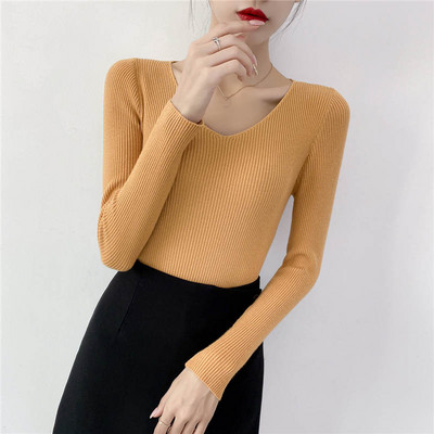 Jesen Zima Uski pulover dugih rukava s v-izrezom Ženski Pull Femme Jednobojni mekani topli pleteni pulover Ženski gornji dio C6720