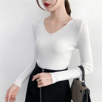 Jesen Zima Uski pulover dugih rukava s v-izrezom Ženski Pull Femme Jednobojni mekani topli pleteni pulover Ženski gornji dio C6720