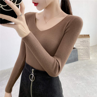 Jesen Zima Uski pulover dugih rukava s v-izrezom Ženski Pull Femme Jednobojni mekani topli pleteni pulover Ženski gornji dio C6720