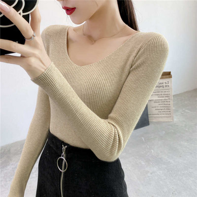 Jesen Zima Uski pulover dugih rukava s v-izrezom Ženski Pull Femme Jednobojni mekani topli pleteni pulover Ženski gornji dio C6720