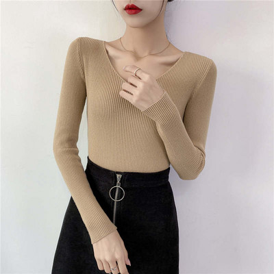 Jesen Zima Uski pulover dugih rukava s v-izrezom Ženski Pull Femme Jednobojni mekani topli pleteni pulover Ženski gornji dio C6720