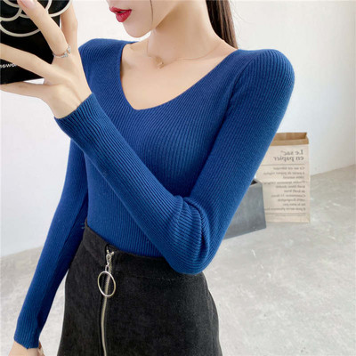 Jesen Zima Uski pulover dugih rukava s v-izrezom Ženski Pull Femme Jednobojni mekani topli pleteni pulover Ženski gornji dio C6720