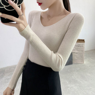 Jesen Zima Uski pulover dugih rukava s v-izrezom Ženski Pull Femme Jednobojni mekani topli pleteni pulover Ženski gornji dio C6720