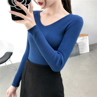 Jesen Zima Uski pulover dugih rukava s v-izrezom Ženski Pull Femme Jednobojni mekani topli pleteni pulover Ženski gornji dio C6720
