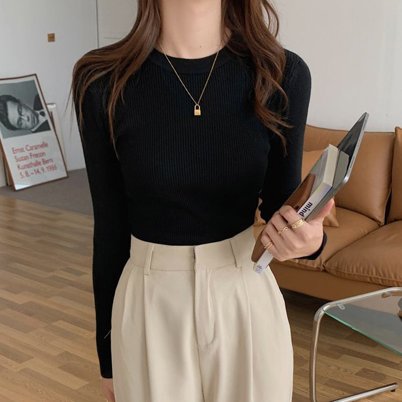 Lucyever pulover Ženski pulover Jesen Zima Basic Slim Fit Pleteni džemperi s O-izrezom Ženski jednobojni rebrasti džemperi dugih rukava Top