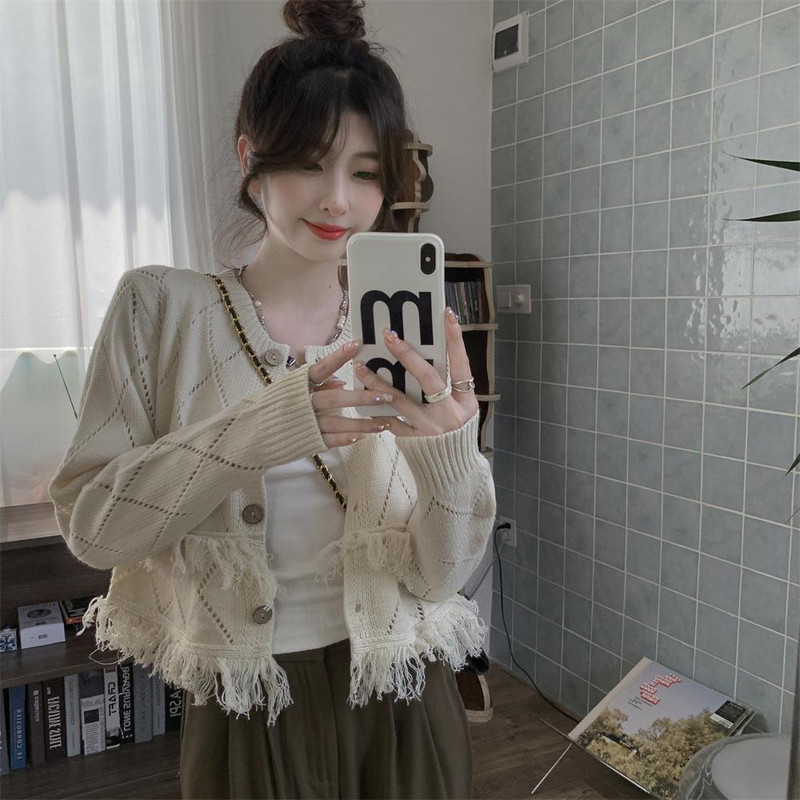 Ženski kardigan s kićankama s rupama za pletenje Jesenski dizajn Slatka, elegantna estetska odjeća Harajuku Streetwear College Mujer za sve