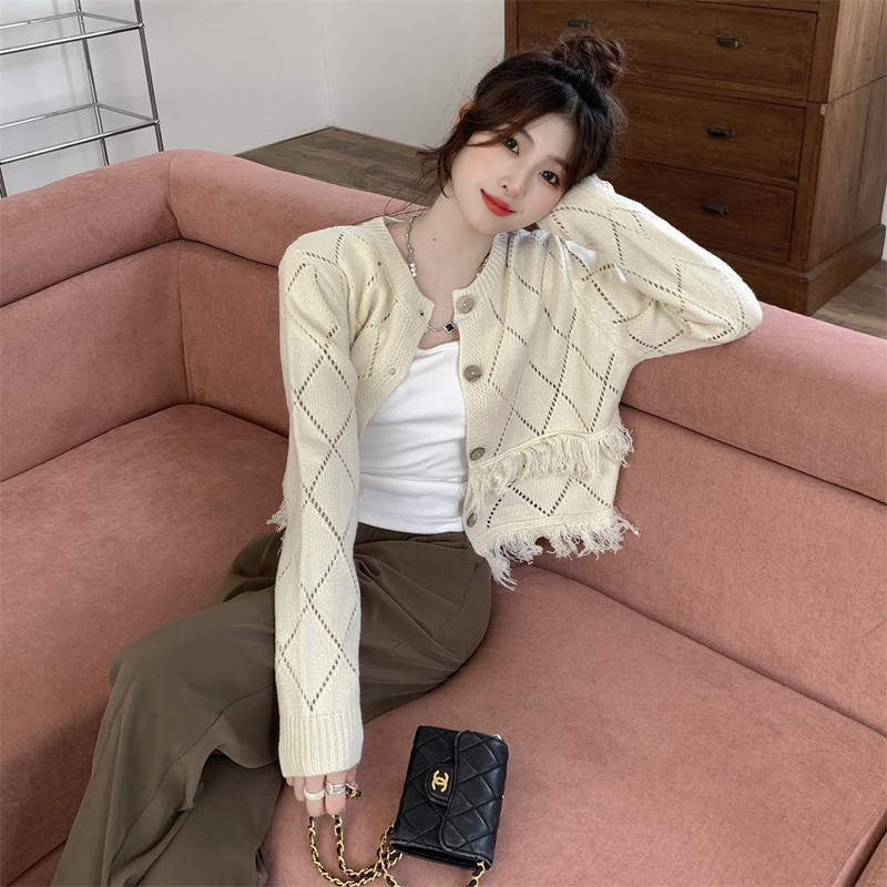 Ženski kardigan s kićankama s rupama za pletenje Jesenski dizajn Slatka, elegantna estetska odjeća Harajuku Streetwear College Mujer za sve
