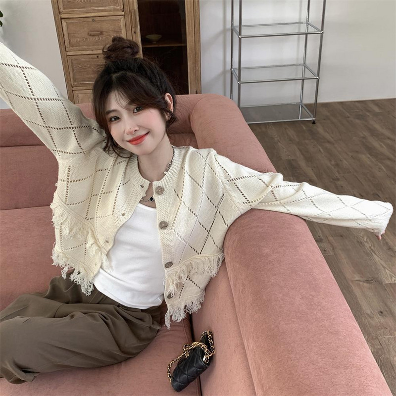 Ženski kardigan s kićankama s rupama za pletenje Jesenski dizajn Slatka, elegantna estetska odjeća Harajuku Streetwear College Mujer za sve