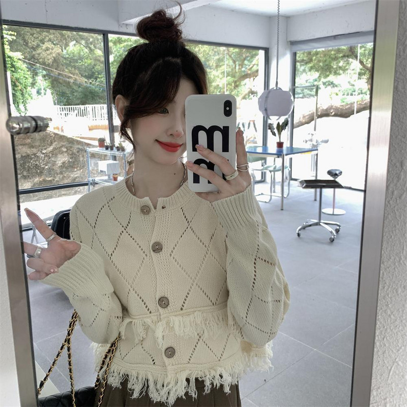 Ženski kardigan s kićankama s rupama za pletenje Jesenski dizajn Slatka, elegantna estetska odjeća Harajuku Streetwear College Mujer za sve