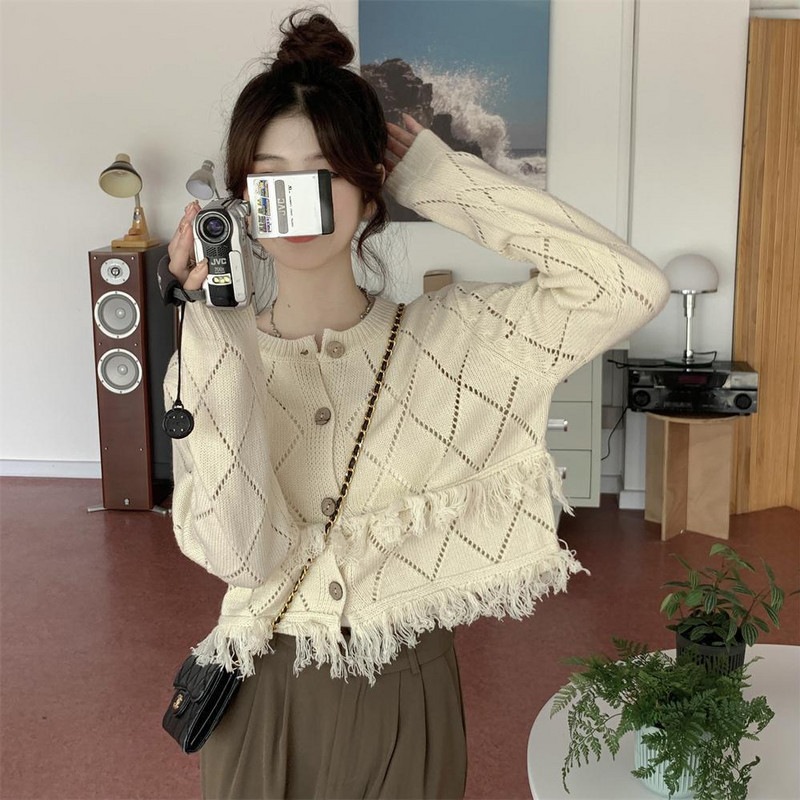 Ženski kardigan s kićankama s rupama za pletenje Jesenski dizajn Slatka, elegantna estetska odjeća Harajuku Streetwear College Mujer za sve