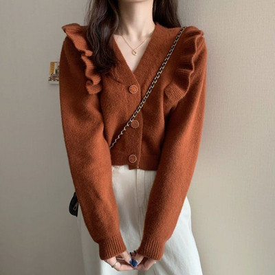 Naiste V-kaelusega kardigan, puhas värv, stiilne naissoost Mujer De Moda vabaaja nööp Korea stiilis kevadine pikkade varrukatega. Kõik sobivad Chic Crop