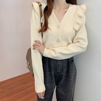 Naiste V-kaelusega kardigan, puhas värv, stiilne naissoost Mujer De Moda vabaaja nööp Korea stiilis kevadine pikkade varrukatega. Kõik sobivad Chic Crop