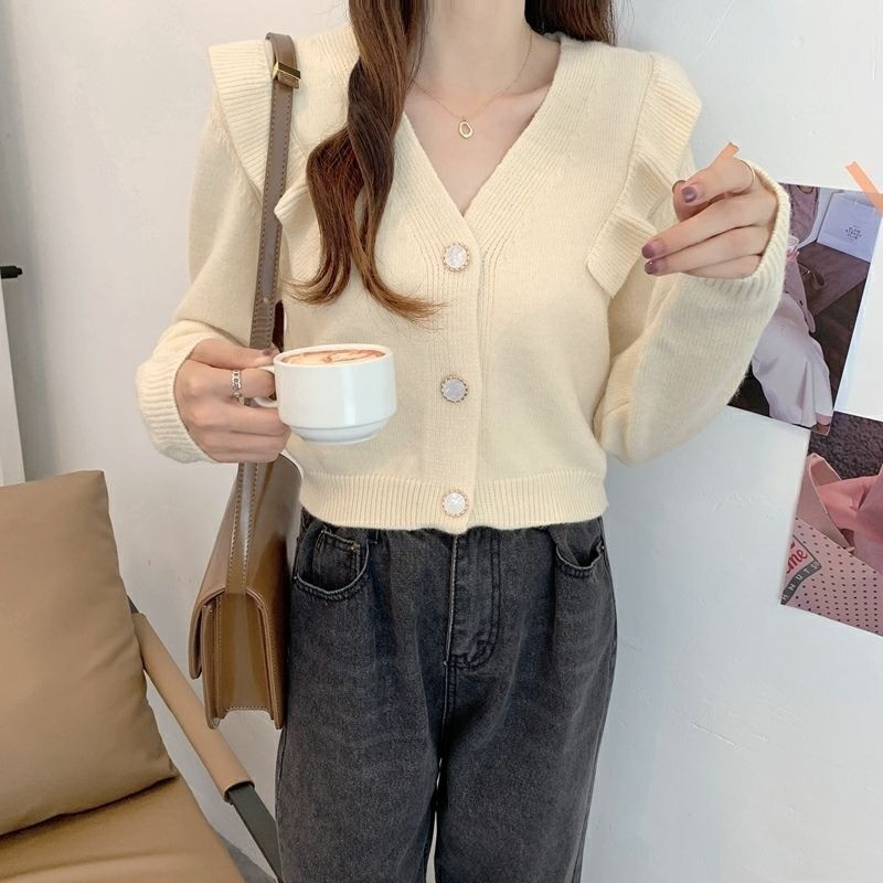 Ženski kardigan s V-izrezom, čistih boja, elegantan ženski Mujer De Moda Ležerni s gumbima, korejski stil, proljeće, dugi rukavi, sveobuhvatni, šik kratki