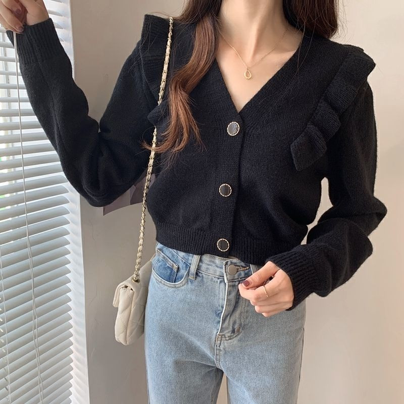 Ženski kardigan s V-izrezom, čistih boja, elegantan ženski Mujer De Moda Ležerni s gumbima, korejski stil, proljeće, dugi rukavi, sveobuhvatni, šik kratki
