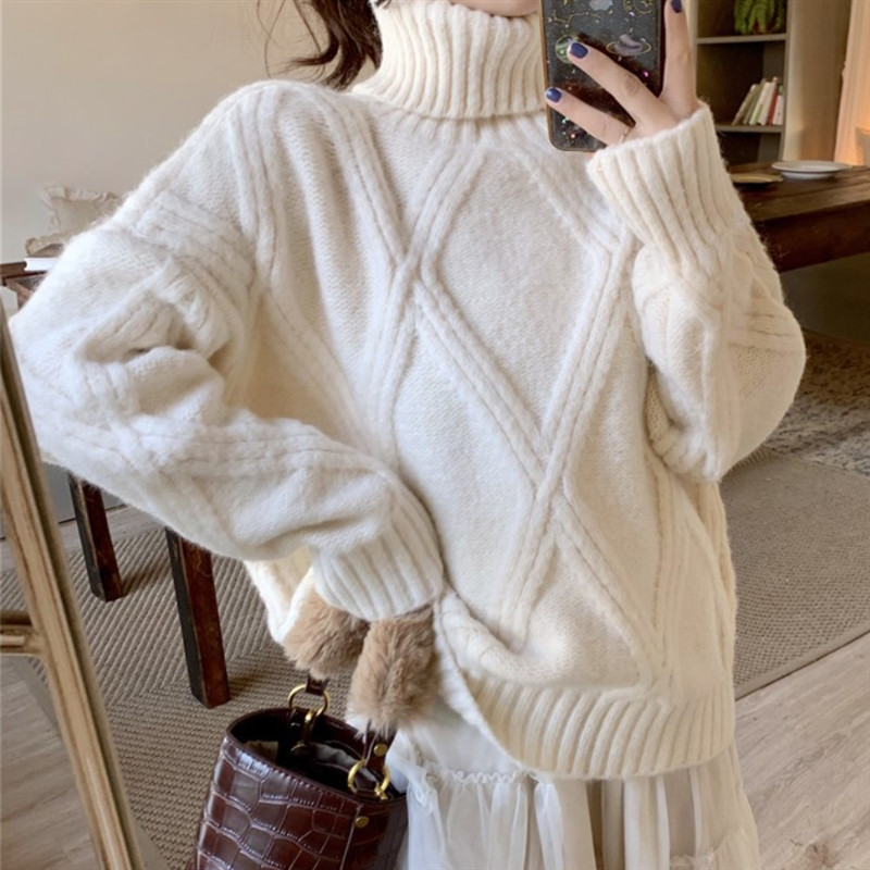 Pleteni pulover s dolčevitom Ženski jednobojni jesen-zima Korejski divlji slatki ženski puloveri Pletena odjeća Široke ženske majice Tide H1679