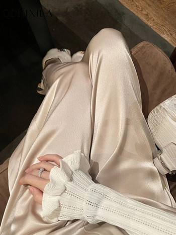 2022 Καλοκαιρινό μεταξένιο οξικό σατέν γυναικείο παντελόνι με φαρδύ πόδι Κορεάτικη μόδα casual κομψό ψηλόμεσο χαλαρό ίσιο παντελόνι