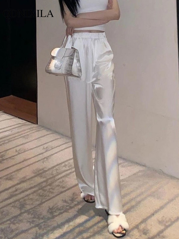 Pantaloni largi de damă din satin din acetat mătăsos de vară 2022, la moda coreeană, ocazional, eleganți, cu talie înaltă, pantaloni largi, drepti, largi