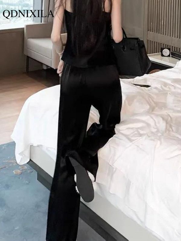 Pantaloni largi de damă din satin din acetat mătăsos de vară 2022, la moda coreeană, ocazional, eleganți, cu talie înaltă, pantaloni largi, drepti, largi