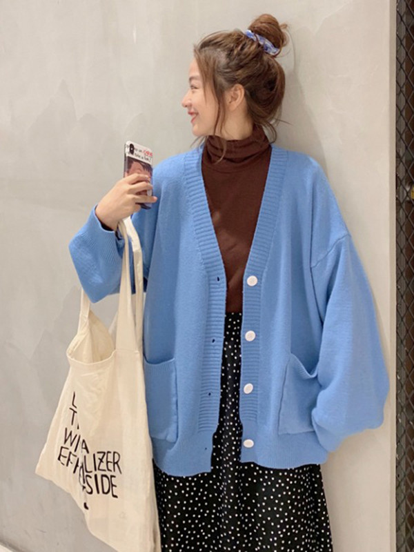 Ženski kardigan širok, nježan, elegantan slatki korejski stil, džepovi, minimalistički dizajn s V-izrezom Pure Ins džemper, proljetni ženski, sveobuhvatni