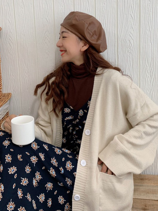 Ženski kardigan širok, nježan, elegantan slatki korejski stil, džepovi, minimalistički dizajn s V-izrezom Pure Ins džemper, proljetni ženski, sveobuhvatni