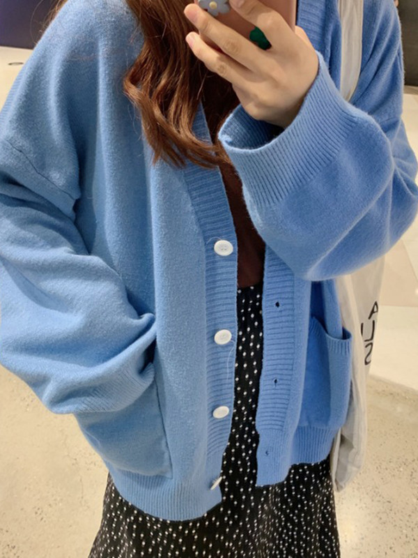 Ženski kardigan širok, nježan, elegantan slatki korejski stil, džepovi, minimalistički dizajn s V-izrezom Pure Ins džemper, proljetni ženski, sveobuhvatni