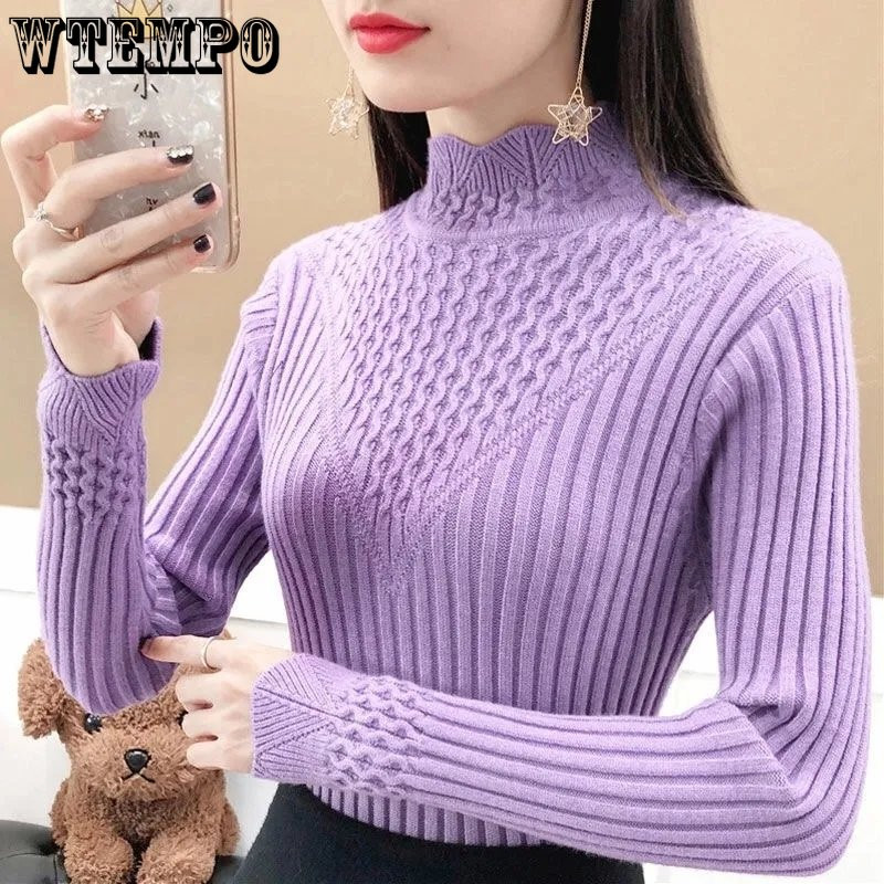 Pulover s polu visokim ovratnikom, uski kroj, pleteni gornji dijelovi s dugim rukavima, jesen i zima, svestrani topli džemper Y2k seksi ženski pulover