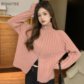 Ženski jesenski kardigan u 3 boje, jednobojni patentni zatvarač za pletenje, samostojeći ovratnik Uredske dame Temperamentni popularni korejski stil za sve