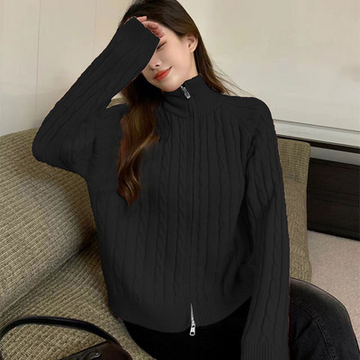 Ženski jesenski kardigan u 3 boje, jednobojni patentni zatvarač za pletenje, samostojeći ovratnik Uredske dame Temperamentni popularni korejski stil za sve